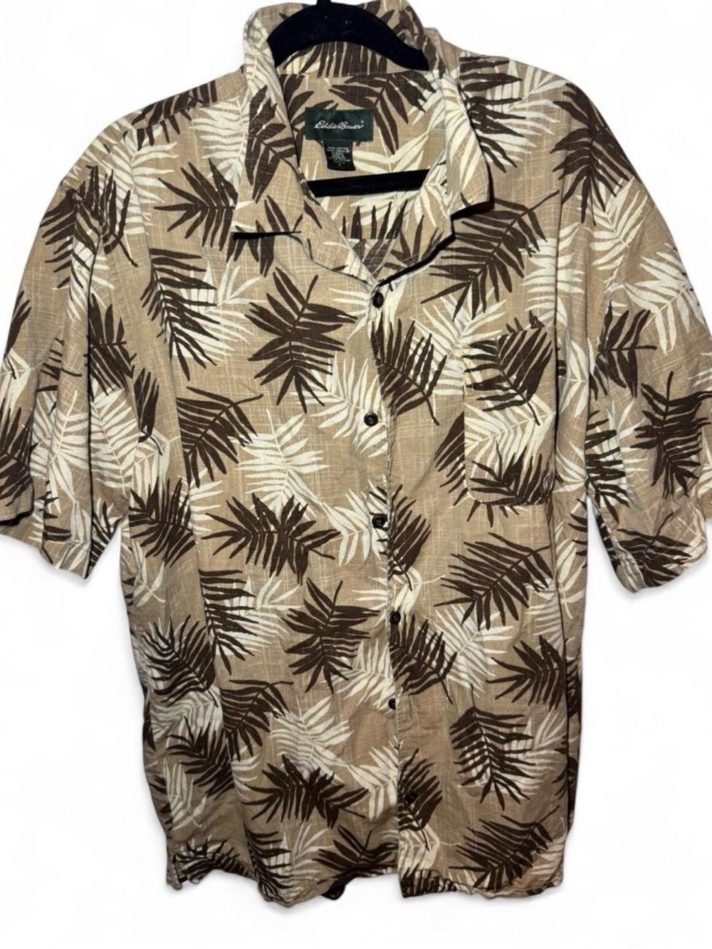 Eddie Bauer Men’s Tan and Brown Hawaiian Vacation Tropical Leaf Shirt Button Up